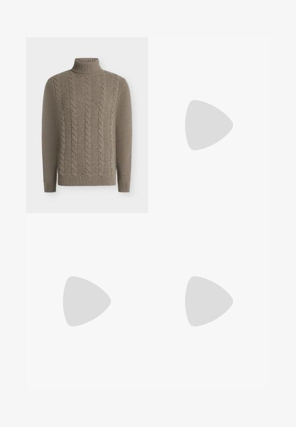 Beiger gestrickter Rollkragenpullover mit Zopfmuster auf der Vorderseite und strukturierten Ärmeln, gerippte Bündchen und Saum.; Beiges Langarmshirt mit Rundhalsausschnitt und einfachem, einfarbigem Design auf hellem grauem Hintergrund.; Schwarze Denim-Jeans mit geradem Bein, ausgestattet mit Fronttaschen und Knopfverschluss. Glatte Textur mit dezentem Verblassen.; Beige Wildlederschuh mit einer runden Zehenform, flachen Schnürsenkeln und einer strukturierten Gummisohle. Minimalistisches Design mit glatten Kanten und dezenten Nähten.