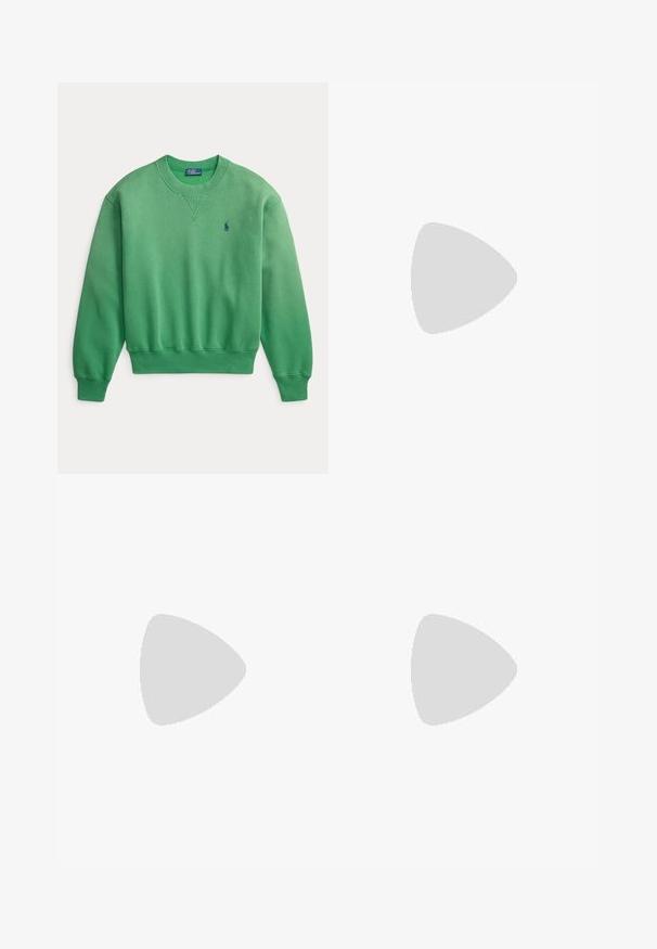 Groene sweater met ronde hals, geribde manchetten en zoom, klein marineblauw geborduurd Polo Ralph Lauren-logo op de borst.; Lichtgroen T-shirt met korte mouwen met een witte polo-speler te paard afbeelding in het midden en "Polo" tekst op de linkermouw.; Marineblauwe joggerbroek met witte aantrekkoord in de taille en elastische boorden, met een klein rood logo geborduurd vlak bij de linker zak.; Groene suède sneakers met een witte horizontale streep, een bruine rubberen zool en tonale veters. Merken op de zijkant en achterkant.