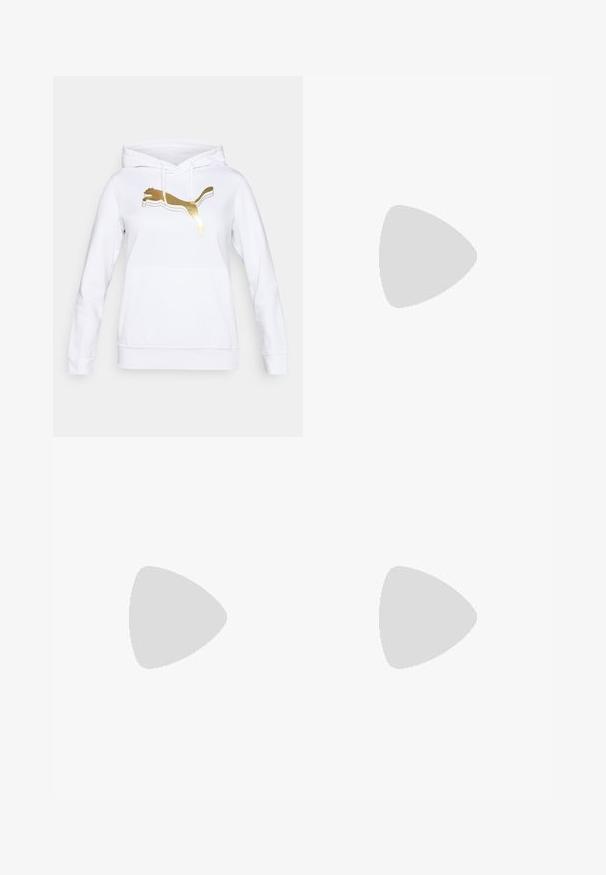 Hvid hættetrøje lavet af bomuld, med et stort guld Puma-logo på forsiden. Den har en kengurutaske og ribbede manchetter.; Lyseblå T-shirt med korte ærmer i blød bomuld, med et firkantet logoemblem på venstre bryst og en klassisk rund halsudskæring.; Sorte joggebukser lavet af blødt, strækbart materiale, med en snor i taljen, sidelommer og tætsiddende manchetter ved anklerne.; Hvid lavtop atletiksneaker med snørebånd foran, tekstureret sål og subtil syet design på glat overmateriale.