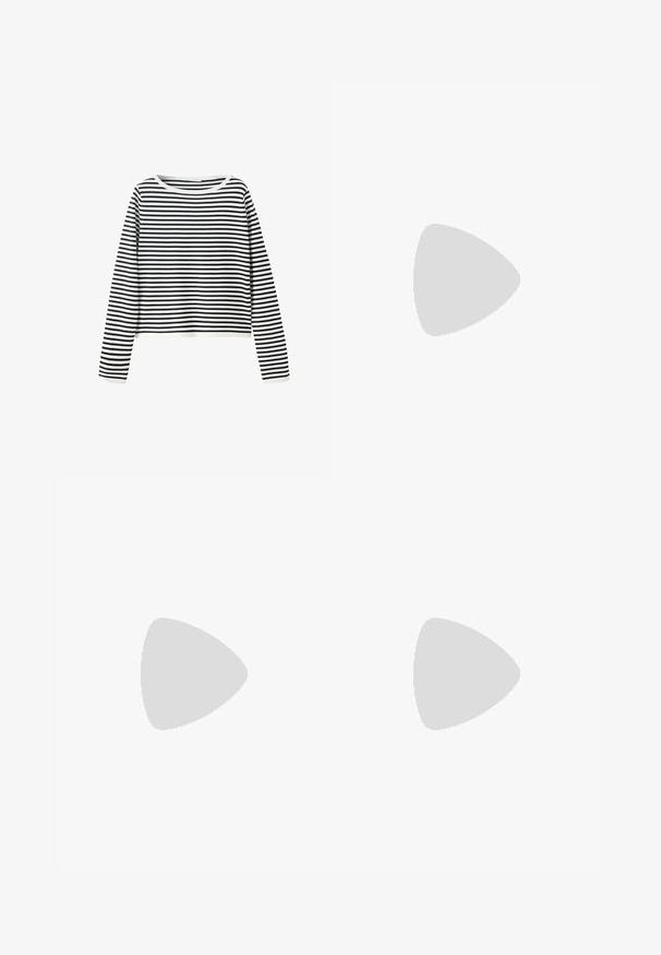 Langarmshirt met zwart-witte horizontale strepen en een ronde hals op een effen witte achtergrond.; Blauwe denim knielange shorts met een omgeslagen zoom, vijf zakken en een metalen knoopsluiting. Stof heeft een licht vervaagde uitstraling.; Zwarte sandaal met hoge hak, brede band over de voet en teenlus, zijaanzicht op een witte achtergrond.; Zwarte cat-eye zonnebril met donkergrijze lenzen, slank plastic frame, puntige hoeken en rechte pootjes. Geen zichtbare hardware of accenten.