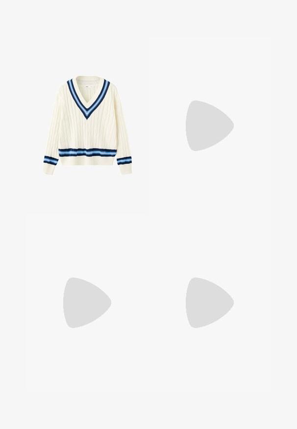 Pull en maille crème avec un col en V profond, des rayures bleu marine et bleu clair sur le col, les poignets et le bas, et un motif torsadé sur l'ensemble.; Pantalon en denim bleu à jambes larges avec taille élastique et cordon de serrage, doté de poches latérales et d'une coupe ample.; Chaussure de sport rouge avec des rayures blanches, une broderie florale et une semelle en gomme. Tissu lisse avec des accents en daim. Modèle : Samba.; Sac à bandoulière en cuir brun foncé avec une seule sangle et une fermeture éclair sur un côté, structure souple et décontractée, texture lisse.