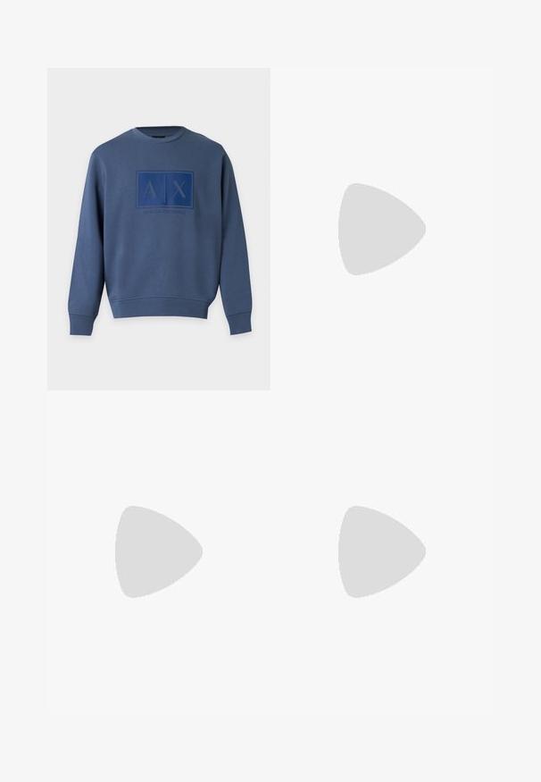 Modrá mikina s dlhým rukávom a okrúhlym výstrihom s reliéfnym logom Armani Exchange a písmenami A a X umiestnenými v strede hrudníka.; Krémovo sfarbené polokošeľa z bavlny, vybavená zapínaním na tri gombíky a malou logo náplasťou na ľavej strane hrudníka. Krátke rukávy.; Svetlošedé nohavice na mieru vyrobené z hladkej tkaniny, so zapínaním na gombík, pútkami na opasok a strihom s rovnými nohavicami. Žiadne viditeľné vrecká.; Béžové semišové tenisky s textúrovaným povrchom, zaoblenou špičkou a farebne zladenými šnúrkami. Majú hrubú gumovú podrážku a nenápadné značenie na päte.
