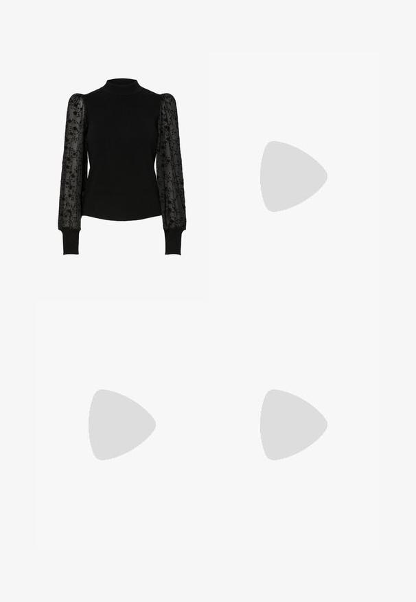 Sort ribstrikket sweater med høj hals og gennemsigtige pufærmer med blomsterbroderi. Figursyet design med kontrasterende teksturerede ærmer.; Lysblå, ribstrikket ærmeløs top med rund halsudskæring og to hvide knapper på frontklappen, foldet fladt på hvid baggrund.; Sorte denim mini nederdel med falmet stjernemønster. Har høj talje, fem lommer og kontrasterende syninger. Klassisk knaplukning.; Sort ruskind cowboystøvle med spidse tæer, lav hæl og dekorativ hvid syning, der har et flammeagtigt mønster på skaftet.