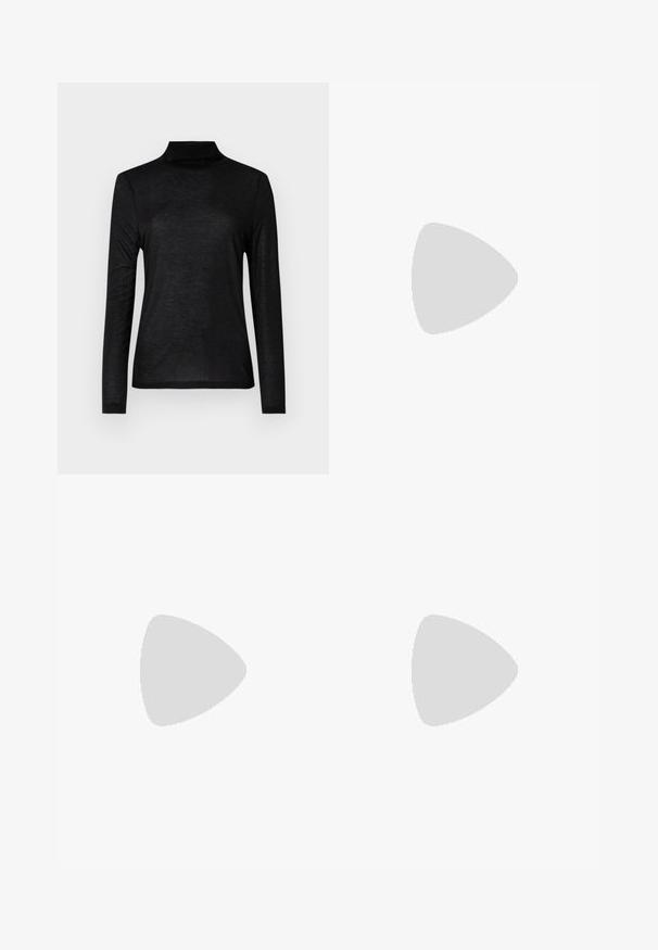 Sort langærmet turtleneck top lavet af et glat, let stof. Har en tætsiddende pasform med en høj halsudskæring og uden mønster.; Marineblå skræddersyede bukser lavet af et glat stof, med flad front, lige ben og en subtil sølvdetalje i taljen.; Mørkebrune lædermules med lukket tå og tyk blokhæl, vist i sideprofil på hvid baggrund.; Lysebrun tekstureret lædertaske med en enkelt rem og en central lås i guldfarve.