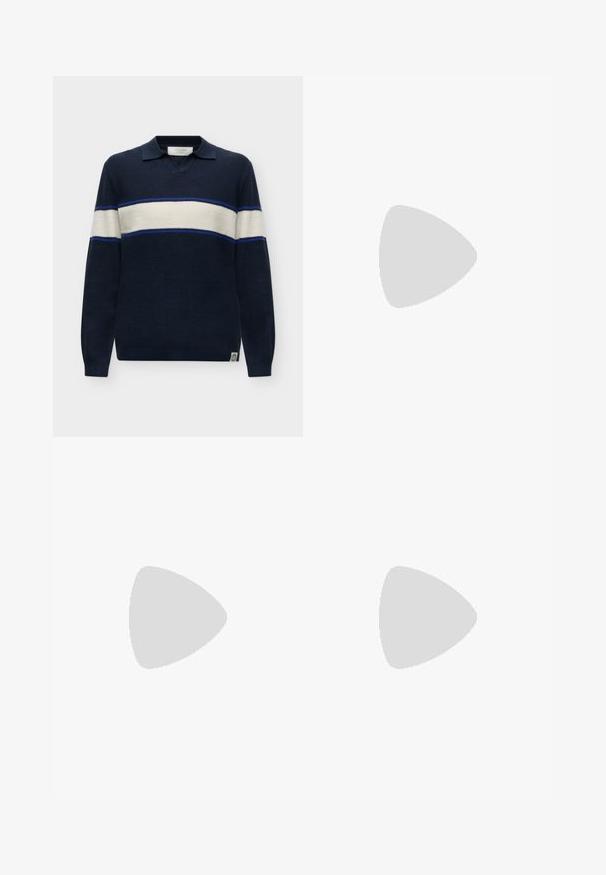 Pull en maille bleu marine avec des rayures horizontales blanches et bleues, manches longues et col avec ouverture en V.; Polo beige à manches courtes avec de fines rayures verticales, un col classique et une patte à deux boutons.; Pantalon en coton beige avec une coupe droite, doté d'une fermeture à bouton et d'une poche latérale. Texture lisse et style simple.; Baskets en cuir blanc avec une coque beige et une semelle en caoutchouc marron clair. Dotées de lacets blancs plats et d'un logo embossé sur le côté.