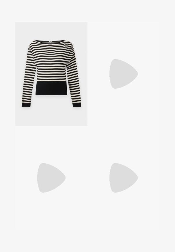 Langärmliger Strickpullover mit schwarz-weißen horizontalen Streifen und einem einfarbigen schwarzen, gerippten Bund und Ärmelbündchen auf einfachem Hintergrund.; Dunkelblaue Denim-Hosen im weit geschnittenen Stil mit einem verwaschenen Design, ausgestattet mit einem Kordelzug am Bund und fünf Taschen.; Schwarze Ballerinas aus Lackleder mit runder Spitze, Schnürdesign und flacher Sohle. Glatte Textur mit minimaler Verzierung.; Even&Odd Handtasche - brown