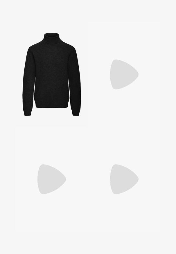 Jersey negro de cuello alto y manga larga con puños y dobladillo acanalados, fabricado con un tejido de punto suave.; Camisa blanca de manga larga con botones, hecha de algodón. Presenta un cuello estándar, tapeta frontal con botones y dobladillo redondeado. Logo de la marca discreto.; Pantalones de rayas negras con corte recto. Presentan una textura suave, cierre frontal con botón y pasadores para cinturón.; Mocasín de charol negro con punta redonda, detalle decorativo de hebilla y una suela plataforma negra gruesa, con una textura lisa y brillante.
