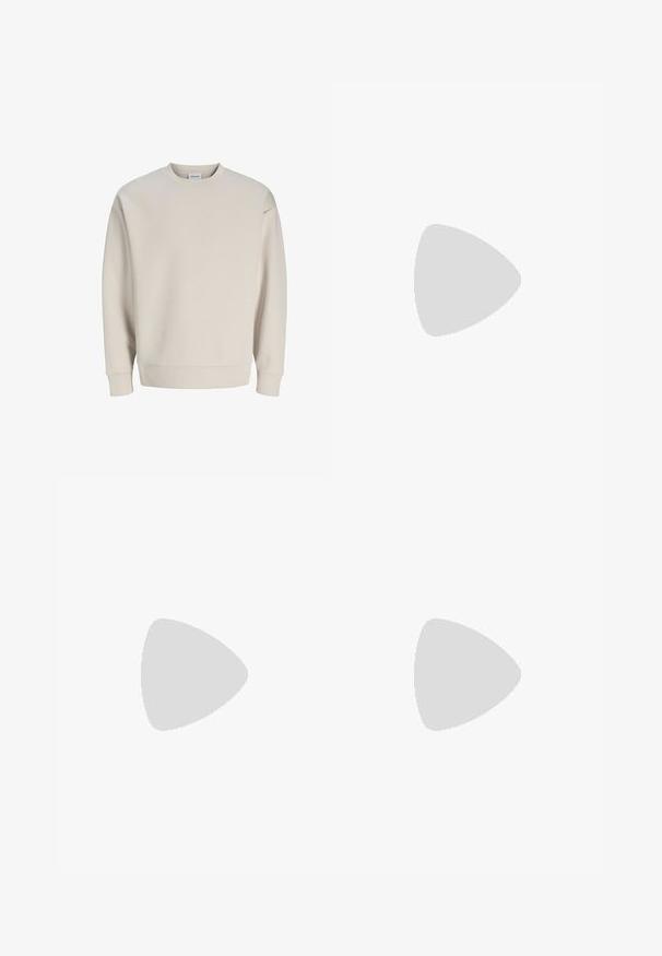 Sweat-shirt beige à col rond avec manches longues, poignets et bas côtelés, design uni, centré sur fond blanc.; Chemise en flanelle beige avec un col, dotée de deux poches poitrine, de boutons noirs et de manches longues avec des poignets à bouton.; Pantalon beige en coton coupe décontractée avec taille élastique et cordon de serrage. Comprend des poches latérales et une coupe droite. Pas de motifs visibles.; Baskets basses en cuir blanc avec lacets blancs, semelle légèrement texturée et patch en daim gris clair au talon, vue latérale.