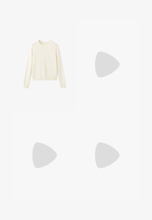 Jersey de cuello redondo y manga larga color crema, con puños y bajo acanalados, presentado sobre fondo blanco.; Camiseta de tirantes blanca con canalé, cuello alto y silueta ajustada, colocada plana sobre un fondo blanco.; Leggings azul marino con una cintura alta, hechos de un material liso y elástico. El diseño presenta una forma ajustada sin patrones.; Zapatilla blanca de malla con rayas negras, puntera y detalle en el talón de ante beige, suela de goma texturizada y cordones blancos. Diseño clásico de corte bajo.