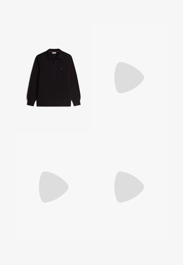 Sort langærmet polo med ribbet krave og manchetter, lille rød, hvid og blå logo på venstre bryst, vist på hvid baggrund.; Hvid bomulds t-shirt med korte ærmer, rund hals og et lille logo-patch på venstre bryst, med en glat tekstur og et simpelt design.; Lyseblå denim jeans med straight leg-design, blød tekstur, frontlommer og subtile falmning mønstre. Har en knap- og lynlåslukning.; Sort læder herreloafer med struktureret forfod, slip-on design, lav hæl og glat finish, vist i profil mod hvid baggrund.