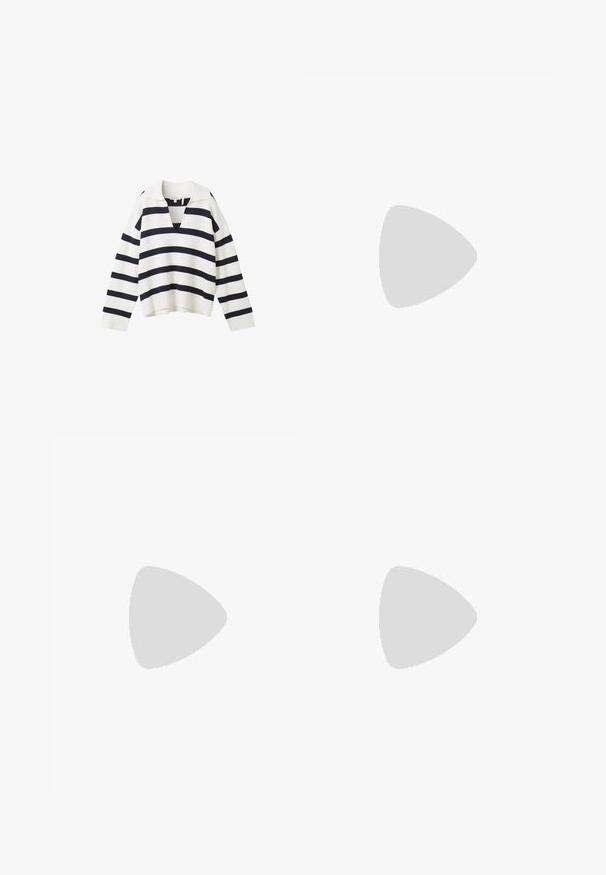 Pull rayé blanc et bleu marine, présentant un col en V, des manches longues, une texture côtelée et une coupe ample avec un ourlet court.; Chemise blanche à boutons, à manches longues avec poignets, col pointu, ourlet arrondi, fabriquée en tissu lisse, design minimaliste sans motifs.; Pantalons larges bleu marine en tissu léger, présentant un design épuré et une coupe droite, avec des poches latérales et sans fermetures visibles.; Chaussure de sport blanche avec une tige en mesh et en synthétique, présentant des accents argentés et une semelle en caoutchouc texturée, étiquetée "TOM TAILOR."