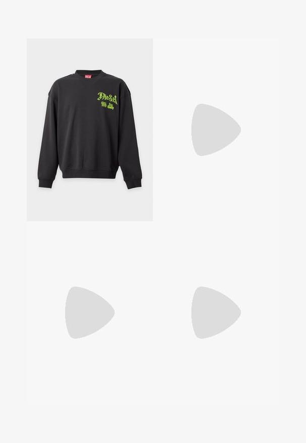 Sweat-shirt Diesel noir à manches longues avec logo et texte vert néon sur le haut gauche de la poitrine, poignets côtelés et col rond.; Chemise à manches longues couleur vert olive avec col, boutons sur le devant et logo brodé subtil sur la poitrine gauche, sur fond uni.; Jean droit pour homme de couleur bleu moyen délavé avec léger effet usé et conception classique à cinq poches.; Chaussure de sport vert foncé avec des panneaux matelassés et en suède, un design à lacets et une semelle en caoutchouc noire sur un fond gris clair.