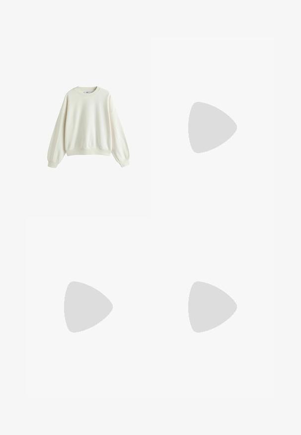 Sweat-shirt blanc uni à manches longues et col rond, avec poignets et ourlet côtelés, présenté sur fond blanc.; Chemise à manches courtes en tissu beige clair, avec un col pointu, des boutons sur le devant, deux poches sur la poitrine et un petit patch logo sur la gauche.; Pantalons larges beiges avec deux plis sur le devant, une fermeture à bouton et une texture lisse. Conçus pour le confort et une coupe ample.; Baskets en cuir blanc avec une boîte à orteils perforée, semelle en caoutchouc beige contrastante et accents de logo sur le côté et le talon. Design minimaliste.
