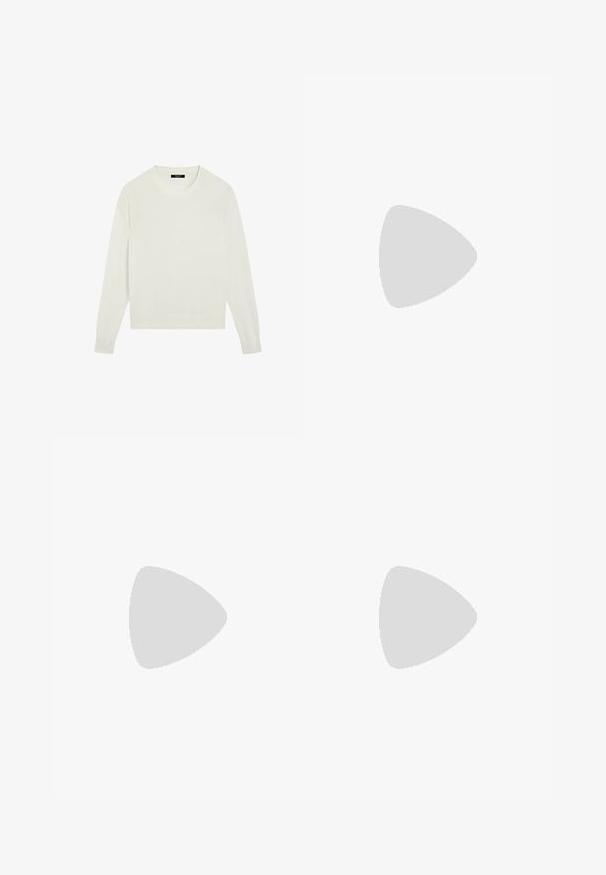 Hvid, ensfarvet sweater med lange ærmer, rund hals og ribkant ved ærmer og bund, vist på hvid baggrund.; Sort mini nederdel med en glat tekstur, A-linjeform og buet nederkant. Har en lynlås bagpå til lukning, uden yderligere mønstre eller accenter.; Høj sort western-støvle i læder med spids tå og skråt blokhæl, vendt mod venstre på hvid baggrund.; Indvendig beige lædertaske med en lynlåslomme og glat stofforing. Tasken har en afrundet form og sølvhardware.