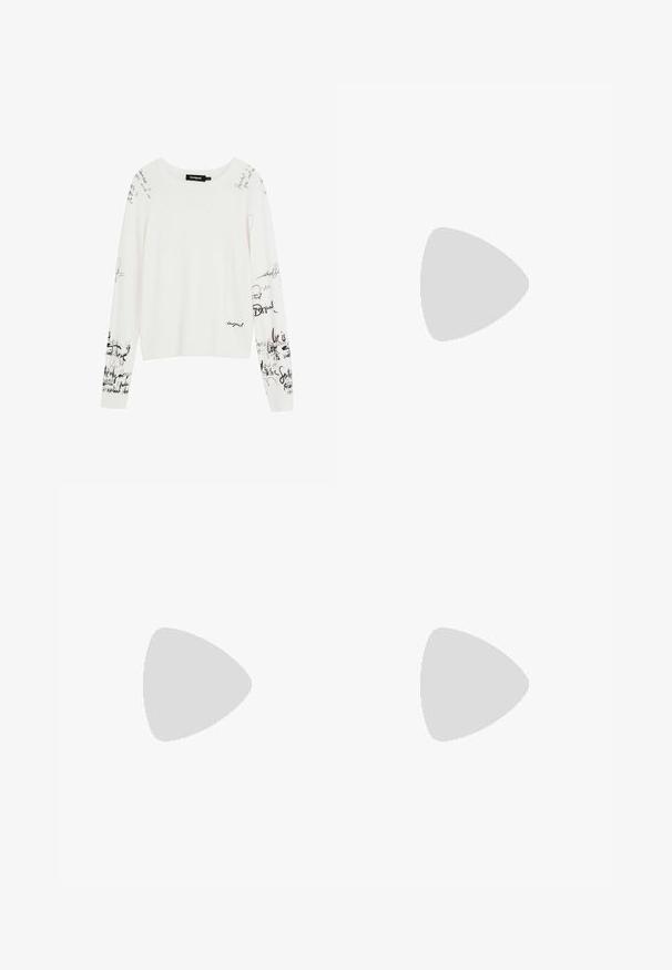 Hvid sweater med lange ærmer prydet med sort håndskrevet tekst og motiver, rund halsudskæring samt ribkant ved kant og ærmekanter.; Bredde jeans i et sort og beige zebra mønster, fremstillet af denim materiale, med fem-lomme design og synlige syninger.; Tigerprint mokkasinstil sko med beige crepesål og tan snørebånd med sorte perler, vist i profil mod en hvid baggrund.; Hvid læderclutch med sorte kanter, guldfarvet logo på fronten og to sidelænker. Glat tekstur, rektangulær form, kompakt design.