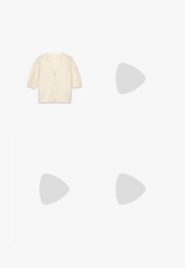 Cárdigan de manga corta color crema con escote en V, que presenta un patrón de punto texturizado y cinco botones a juego en el frente.; Vestido blanco sin mangas con botones, cuello y cintura entallada, que se extiende en una falda larga y fluida.; Zapato de tacón blanco de charol con punta afilada y un tacón en bloque geométrico. El interior cuenta con una plantilla beige y cortes laterales mínimos.; Bufanda a cuadros rojos y blancos con pequeños corazones, estrellas y patrones de "C", bordeada con rojo sólido y texto "Coach" en las esquinas.