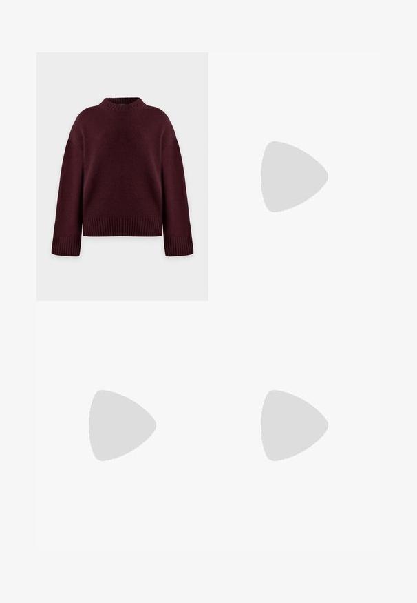 Pull en maille bordeaux foncé avec col, poignets et ourlet côtelés, manches longues et coupe décontractée.; Jupe maxi en laine bordeaux avec une silhouette ajustée, une texture lisse et un ourlet droit. Sans fermetures ou embellissements visibles.; Bottes noires en cuir à talons aiguilles, montant jusqu'au genou, avec une pointe fine et une texture lisse. Le talon est de style bloc, ajoutant de la stabilité au design.; Lunettes de soleil rondes teinte brun avec une monture bordeaux brillante. Branches fines avec un détail de marque subtil. Design de verres plats.
