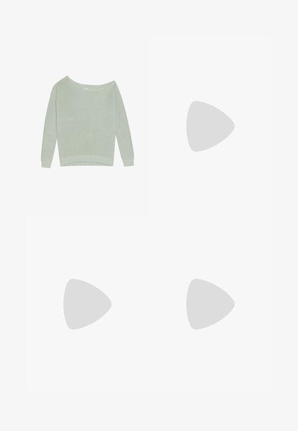 Suéter de punto verde claro con un escote amplio, mangas largas, textura de canalé y un ajuste relajado ligeramente corto.; Jeans skinny negros de talle alto hechos de denim con ligero elástico, que presentan un cierre de cremallera, botón único y diseño de cinco bolsillos.; Zapatilla blanca con una prominente franja beige, suela gris gruesa y detalles en dorado. Presenta cordones redondos y una lengüeta texturizada con el logo.; Gafas de sol negras con lentes en degradado púrpura. Forma de ojo de gato, con finos acentos metálicos en tono dorado en las varillas. Acabado de plástico suave.