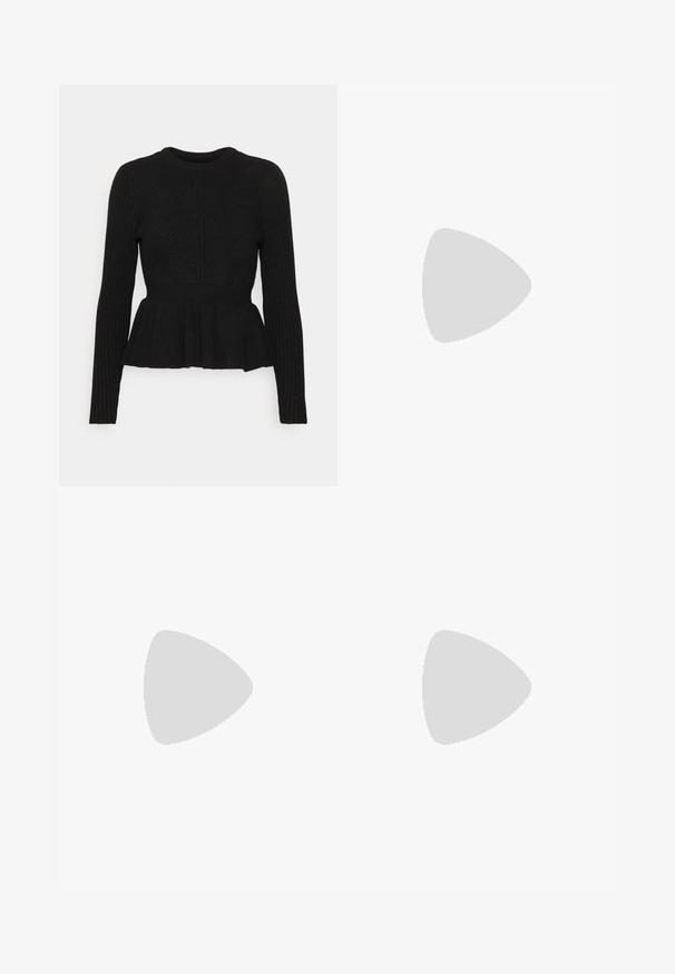 Suéter de punto negro con mangas largas, cuello redondo, patrón texturizado y detalle de dobladillo acampanado. Fabricado en un material suave y elástico.; Falda negra con lunares, de cintura alta, cierre frontal con botones, hasta la rodilla, hecha de un tejido con una textura suave y un drapeado sutil.; Selected ASHLEY - Mules de tacón - black; Bolso estructurado negro de cuero con un asa superior, correa de hombro desmontable y un detalle de tapa en la parte frontal. Acentos en dorado.