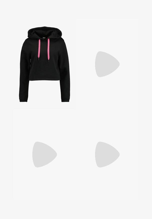 Sudadera recortada negra con una textura suave, que presenta una capucha con cordón y acentos en rosa brillante. Mangas largas con puños ajustados.; Minifalda vaquera negra con dos bolsillos traseros, presillas para cinturón y detalles de costuras.; Zapatilla Converse Chuck Taylor All Star blanca de caña alta con rayas negras y parche de logo en el lateral, mostrada sobre un fondo blanco liso.; Pendientes de aro plateados con un diseño delgado y suave; forma ovalada alargada; acabado pulido; presentan un cierre de gancho seguro.