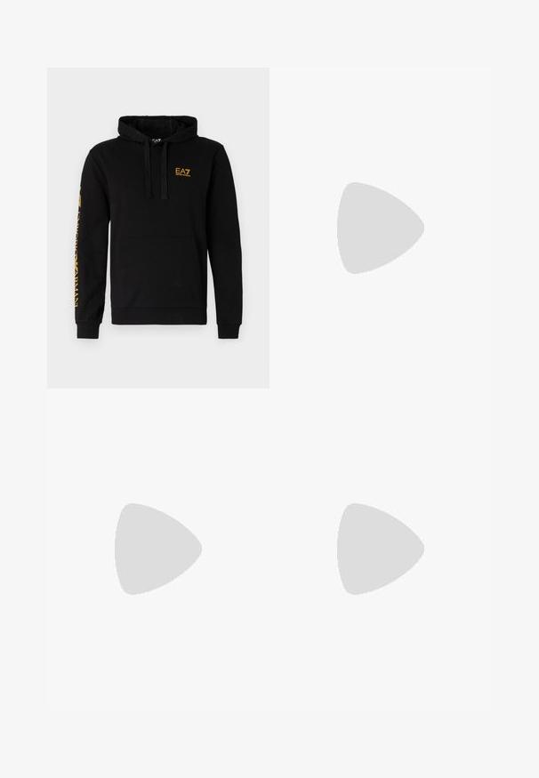 Hoodie en coton noir avec une poche frontale, capuche réglable avec cordon de serrage, et logo EA7 jaune sur la poitrine et la manche.; Pantalons de jogging noirs en tissu doux, présentant une coupe fuselée et deux poches cargo latérales avec un logo discret sur une poche.; Baskets blanches en cuir avec un dessus texturé, bout rond, semelle plate blanche et lacets ton sur ton. Marque discrète sur la languette.; Sac bandoulière noir avec sangle réglable et petit emblème logo argenté sur le rabat avant, présenté sur un fond clair uni.