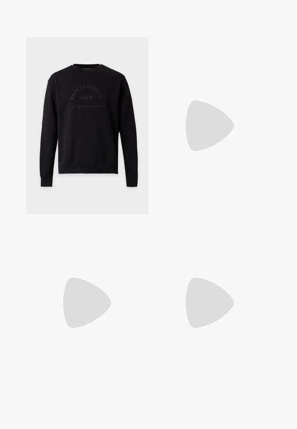 Sweat-shirt noir à manches longues et col rond avec un texte en relief subtil "Karl Lagerfeld Paris 21 Rue St-Guillaume" sur le devant.; Polo blanc à manches courtes avec motif carré texturé, patte de boutonnage, col classique et petite étiquette de marque sur le bas.; Pantalon noir à jambes larges avec taille élastique et cordon, présenté à plat sur un fond clair.; Chaussure oxford en cuir noir avec un bout rond, un laçage à l'avant et un petit talon empilé, sur fond clair.