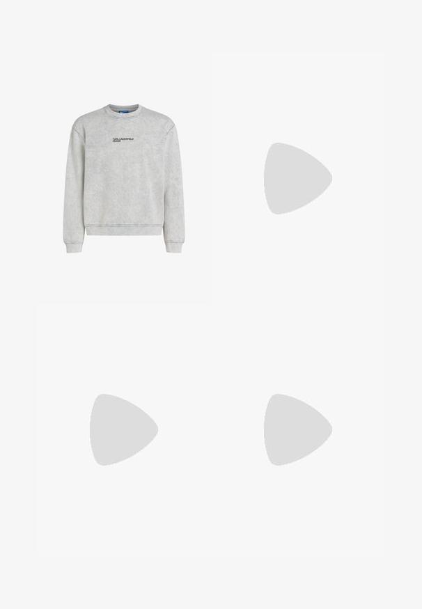 Grå sweatshirt lavet af blødt stof, med rund halsudskæring, ribstrikkede ærmegab og kant samt sort "KARL LAGERFELD JEANS" logo foran.; Lyseblå denim-skjorte med lange ærmer, knaplukning foran, enkelt brystlomme med Calvin Klein-logo og spids krave.; Lysblå, lige ben jeans lavet af bomuldsdenim. Har fem lommer, lukning med knap foran og subtile syninger.; Sorte læder loafers med rund tå, syet detaljer og en flad gummisål. Har en bred rem over vristen.