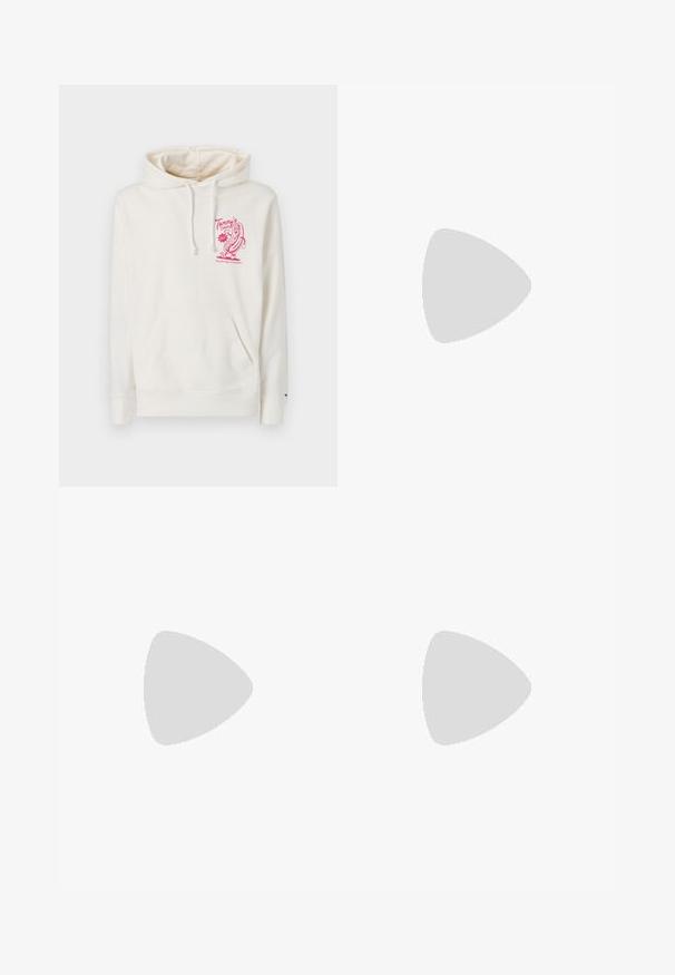 Cremefarvet hoodie lavet af blødt stof, med en kængurulomme og et rosa grafisk design med tekst på forsiden. Snore i hætten.; Hvid bomulds T-shirt med rund halsudskæring og korte ærmer. Har et lille rødt hjerte-logo på venstre brystlomme.; Sortstribede bukser lavet af bomuldsblandingsstof. Har et lige ben-design, sidelommer og en knaplukning.; Sort læder loafersko med rund tå, syningsdetaljer og en tyk, struktureret sål. Har et elegant, minimalistisk design.