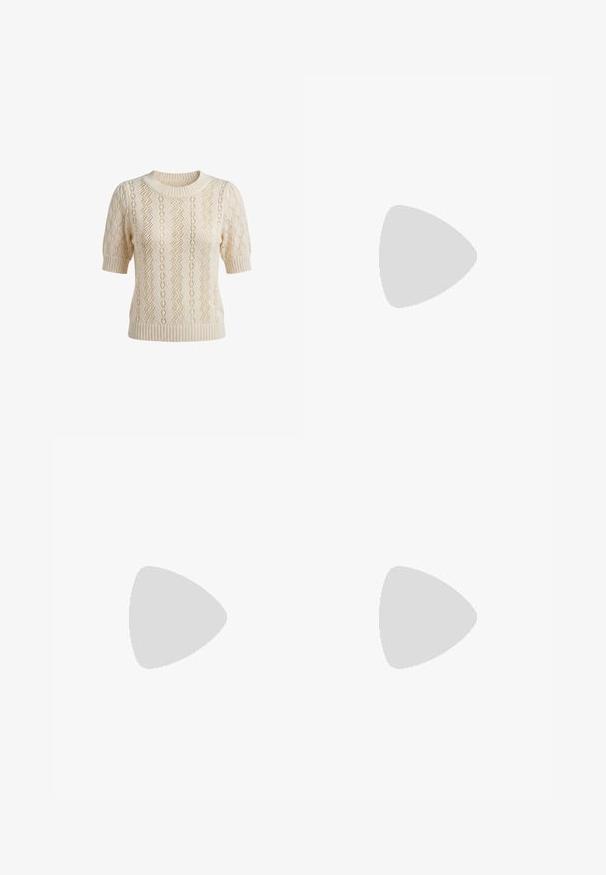 Cremefarbener Kurzarm-Strickpullover mit floralen und diamantförmigen Spitzenmustern, geripptem Rundhalsausschnitt, Bündchen und Saum.; Weißes Langarmhemd aus glattem Stoff, mit spitzem Kragen, Knopfleiste und gerafften Details an den Schultern.; Hellgraue, weit geschnittene Hose mit fünf Taschen, vorderem Knopfverschluss und kontrastierenden Nähten. Der Stoff wirkt weich und langlebig.; Sneaker in cremefarben mit einer strukturierten, beigen Gummisohle, schnürungsdesign und dezentem Branding an der Seite. Glattes Lederobermaterial.