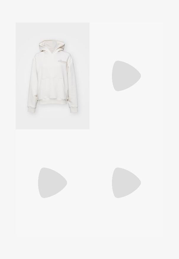 Ellesse EIENES - Kapuzenpullover - off white; Weißes Kurzarm-T-Shirt aus Baumwolle. Hat einen Rundhalsausschnitt, eine lockere Passform und ein helles Logo, das auf der Vorderseite gedruckt ist.; Hellgraue, weit geschnittene Sweatpants mit einem elastischen Bund und seitlichen Nähten. Hergestellt aus einem weichen Baumwollmischgewebe für angenehmen Tragekomfort. Keine sichtbaren Logos.; Mesh-Sportschuh in Grau und Creme, mit strukturiertem Obermaterial, verstärkter Spitze und einer hellen, robusten Laufsohle für besseren Halt.