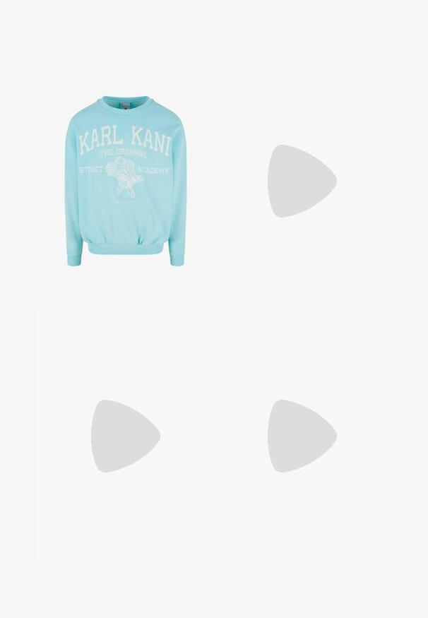 Hellblauer Sweatshirt aus Baumwolle, mit weißem Text "KARL KANI" und einem Adler-Graphic, mit gerippten Bündchen und Saum. Lockerer Schnitt.; Beige Baumwoll-T-Shirt mit Rundhalsausschnitt, mit dem Schriftzug "KARL KANI" in Blau und Schwarz über der Brust, etabliert 1989 darunter.; Helle blaue Denim-Shorts mit einem verblassten Washed-Effekt, ausgestattet mit einem klassischen Five-Pocket-Design, Gürtelschlaufen und einem geraden Schnitt.; Weiße Leder Sneaker mit schwarzen Akzenten, versehen mit einem charakteristischen Logo an der Seite, runder Zehenform und strukturiertem Gummisohle.