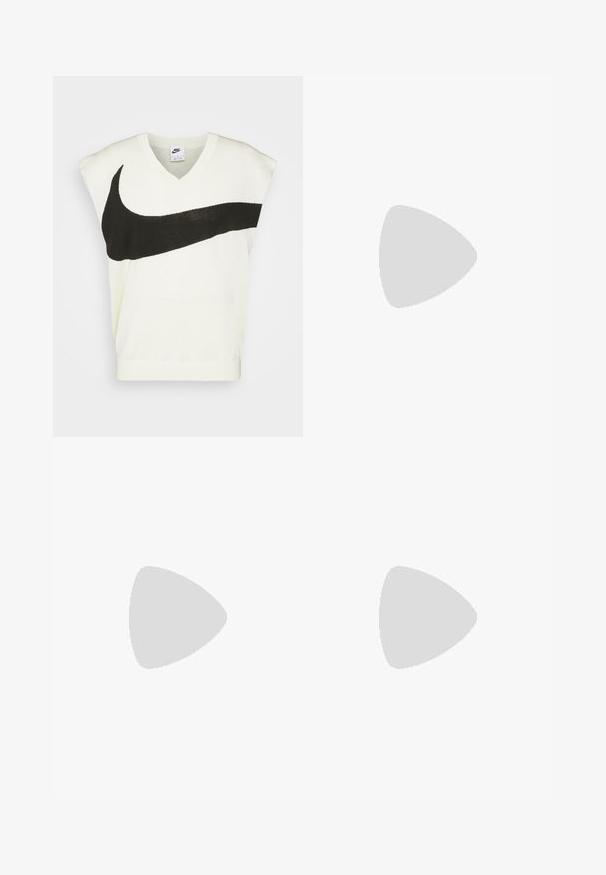 Pull sans manches blanc en V avec un grand logo Nike swoosh noir sur le devant. Texture douce, ourlet côtelé et coutures minimales.; Pantalons larges de couleur vert clair en tissu lisse avec une fermeture à bouton, arborant un petit logo Nike sur le devant.; Baskets de course blanches avec une tige en mesh, bout arrondi, accents noirs et semelle à motif. Comprend des lacets et une marque sur le côté.; Collier en argent composé de maillons entrelacés, texture lisse et forme rectangulaire uniforme. Détail du fermoir sécurisé.