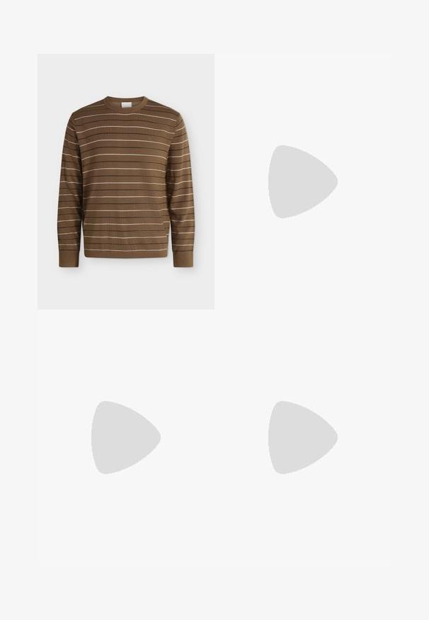 Pull marron à manches longues avec fines rayures horizontales blanches et noires, col rond et poignets côtelés, présenté sur un fond uni.; Veste boutonnée marron foncé avec col, poche poitrine et deux poches inférieures à l'avant sur un fond uni clair.; Pantalon marron avec une ceinture, présentant une taille haute, un devant plissé et des poches latérales ; fabriqué en tissu lisse et texturé.; Hereu SOLLER  - Chaussons - dark brown