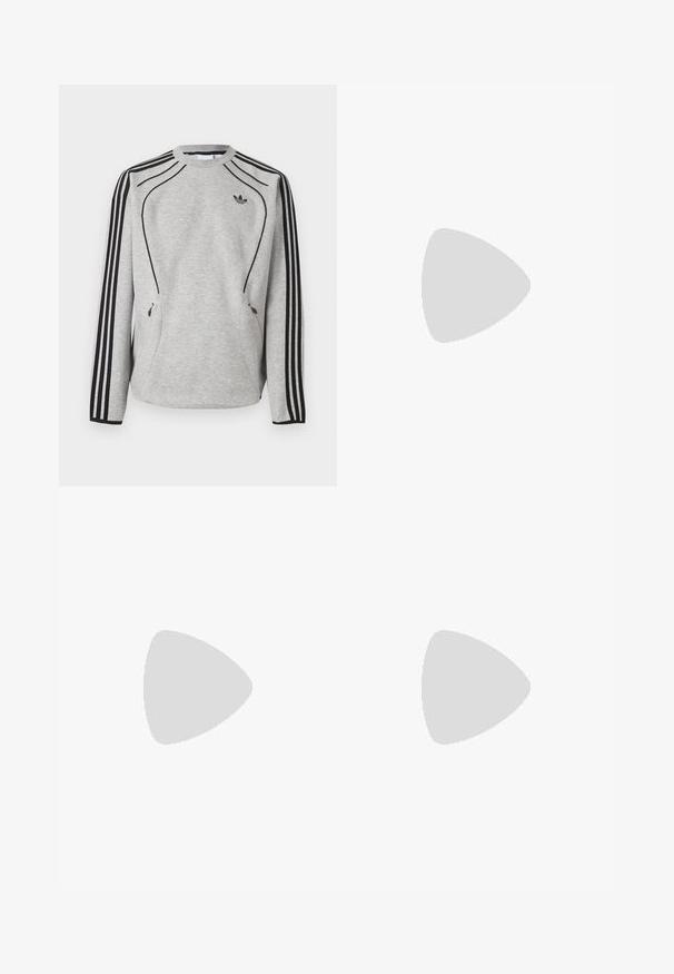 Φωτεινό γκρι φούτερ Adidas με μακριά μανίκια, μαύρες τρεις ρίγες στα μανίκια, μαύρες λεπτομέρειες, τσέπες με φερμουάρ και μικρό μαύρο λογότυπο τριών φύλλων στο στήθος.; Μπεζ κοντομάνικη μπλούζα με διαγώνιες ρίγες και επαναλαμβανόμενο μοτίβο με το λογότυπο τριφύλλι σε ελαφρώς πιο σκούρα απόχρωση.; Άσπρο αθλητικό παντελόνι με ελαστική μέση, πλαϊνές τσέπες και μαύρο λογότυπο adidas με διακοσμητικές ραφές. Λείο, ελαφρύ ύφασμα.; Ζευγάρι μπεζ αθλητικά παπούτσια με μαύρα κορδόνια, διαθέτοντας υφή με ριγέ μοτίβο και τρεις πλαϊνές γραμμές σε απλό φόντο.