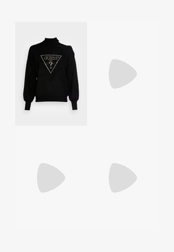 Zwarte trui met hoge kraag, ruime pasvorm en ribgebreide manchetten. Bevat een driehoekig logo met metalen accenten in het midden.; Plissé midi rok in olijfgroen satijn, met een brede elastische tailleband en een vloeiende silhoutte met verticale plooien.; Witte leren sneakers met een zwarte suède streep, gumrubberen zool en gouden branding aan de zijkant. Vetersluiting met een afgeronde neus.; Zwarte leren schoudertas met gouden ritssluiting en rechthoekige gouden plaat met de tekst "MARCIANO GUESS" aan de voorkant.