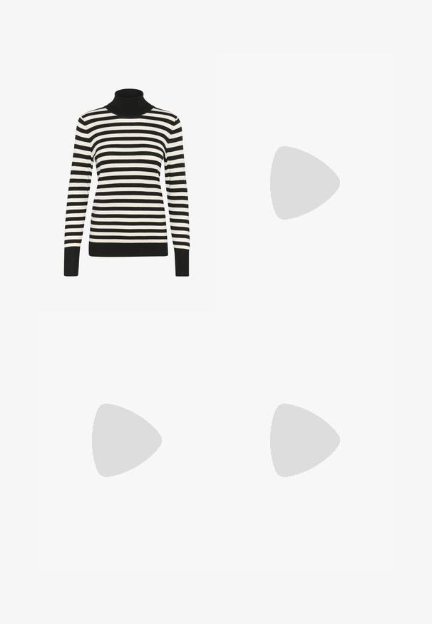 Pull encolure roulée rayé noir et blanc avec manches longues, col, poignets et ourlet côtelés ; fabriqué en tissu doux et extensible.; Jeans en denim bleu clair avec une coupe évasée, fermeture à bouton, design à cinq poches et un délavage subtil sur le tissu. Accents de couture propre et minimal.; Ballerines en cuir noir avec un bout arrondi, un petit nœud décoratif et un petit talon en bois, portées avec une jupe en denim.; Sac à dos en denim bleu clair de forme arrondie, avec une bandoulière ajustable et un subtil détail de couture le long du bas. Texture douce.