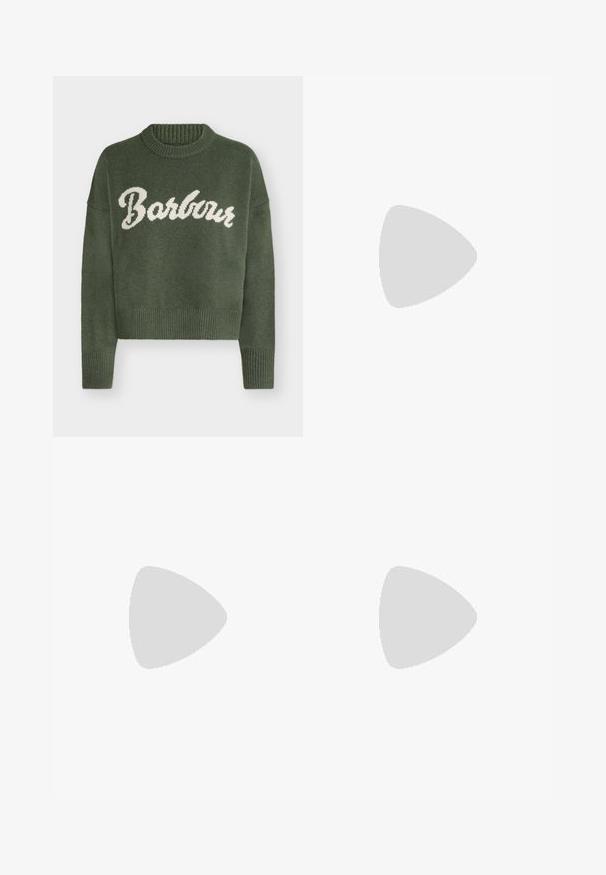 Grüner Strickpullover mit langen Ärmeln, gerippten Bündchen und Saum sowie weißem kursivem Text "Barbour" über der Brust.; Weißes langärmeliges Hemd mit Knöpfen, Kragen und Brusttasche, vor einem schlichten hellen Hintergrund gezeigt.; Dunkelbraune gerade geschnittene Hose mit Gürtelschlaufen und Vordertaschen, flach auf hellem Hintergrund dargestellt.; Schwarze Leder-Ballettschuhe mit gerafften Details am Kragen, runder Spitze und flexiblem Gummisohle. Ganze Oberfläche mit glatter Textur.