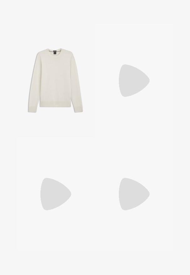 Pull crème à manches longues avec col rond, poignets et ourlet côtelés, étiqueté Boss, présenté sur fond blanc.; Veste crème à boutons avec un col et trois poches avant, présentée sur un fond clair uni.; Pantalon beige à jambe droite avec passants de ceinture, fermeture éclair à l’avant et coupe ajustée sur un fond blanc uni.; Mocassin en cuir noir avec détail de bride grise, talon bas et semelle texturée, marqué "HUGO" en or sur le côté.
