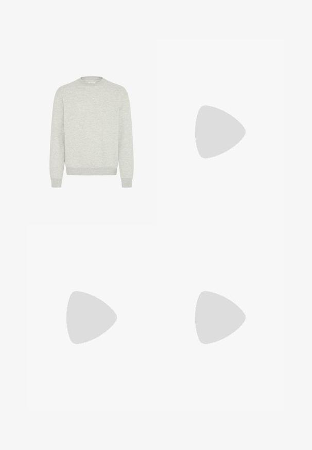 Sweat-shirt gris clair à manches longues, col rond, avec poignets et ourlet côtelés, en tissu tricoté doux.; T-shirt à col rond à manches courtes de couleur blanche unie, fabriqué en coton doux, avec un design simple sans motifs ni accents visibles.; Pantalon homme bleu marine coupe slim avec fermeture bouton et zip, passants de ceinture et poches latérales, présenté de face sur fond blanc.; Baskets blanches basses à lacets sur l’avant et semelle épaisse, vues de côté sur un fond neutre.