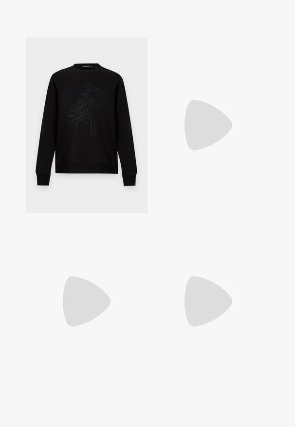 Sweatshirt noir à manches longues, col rond, avec un design discret en relief représentant un palmier et un petit texte vertical du nom de la marque au centre devant.; T-shirt blanc à manches courtes avec un graphisme noir représentant un homme portant des lunettes de soleil et un costume, imprimé sur la partie inférieure gauche au-dessus d'un texte partiel.; Pantalon de survêtement noir avec une taille élastique et un cordon de serrage ajustable. Présente des poignets côtelés et un petit détail graphique sur la cuisse.; Baskets blanches en cuir lisse avec motif gaufré. Présentent un bout rond, un laçage à l'avant et une semelle texturée. Détail du logo argenté sur le côté.