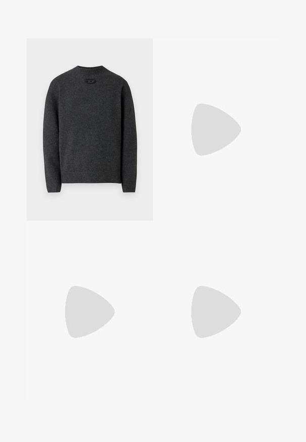 Mørkegrå sweater lavet af blødt strikket stof med rund halsudskæring og ribstrikkede manchetter og kant. Har et lille logodetalje på ryggen.; Sort ærmeløs tanktop lavet af bomuld. Har en rund halsudskæring og en lille hvid Diesel-logo på brystet. Glat tekstur.; Blå denimjeans med lige ben, der har et klassisk design med fem lommer, lyse slidte partier og knaplukning i taljen.; Sorte syntetiske sneakers med en struktureret sort sål, rund tå og flade sorte snørebånd. Fremtrædende hvidt logo på ydersiden.