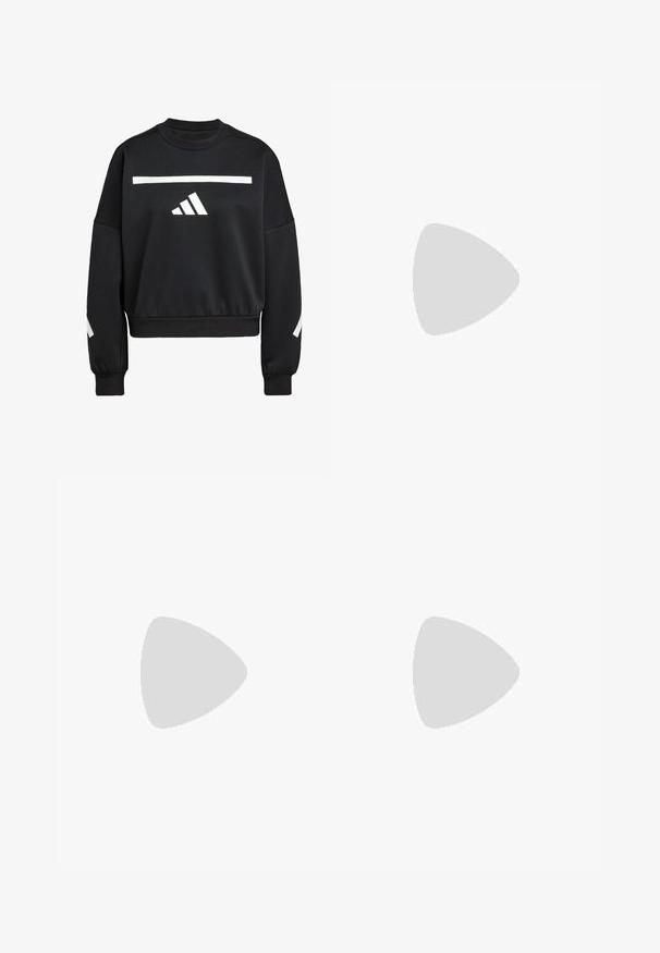 Sweatshirt noir en mélange de coton, avec une bande horizontale blanche et trois rayures blanches sur la manche gauche, col rond.; Leggings de sport noirs avec taille haute, présentant des bandes latérales blanches, une texture lisse et une coupe ajustée convenant aux vêtements de sport.; Baskets gris clair avec des rayures noires, bout arrondi, tige en cuir lisse, fermeture à bande Velcro et semelle en caoutchouc.; Sac à épaule en tissu noir, de forme semi-circulaire, avec une fermeture éclair, une sangle ajustable et le logo Adidas blanc à l'avant.