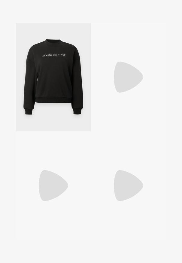 Sweatshirt noir avec un col rond, des manches longues et des poignets côtelés. Présente le logo "ARMANI EXCHANGE" imprimé sur le devant. Texture douce.; Jean noir taille haute à jambes larges avec bouton et fermeture éclair à l'avant, passants pour ceinture, et design classique à cinq poches.; Mocassins en cuir noir avec un bout arrondi, des détails de couture surélevés et un talon bas empilé. Texture lisse avec un éclat subtil.; Sac bandoulière noir en cuir grainé avec fermeture à rabat, détail ceinture à boucle argentée et bandoulière réglable sur fond uni.