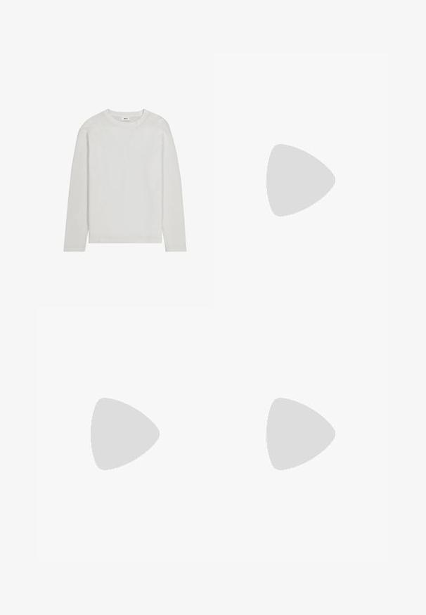 Plain white long-sleeve crew neck shirt with a straight hem, displayed flat against a white background.; Black wide-leg trousers with a smooth texture, featuring two front pleats, a button closure, and side pockets. Durable fabric.; Brown suede sneaker with a low profile, rounded toe, and white rubber outsole. Features dark laces and subtle branding on the side.; Dark brown textured leather crossbody bag with adjustable strap and small decorative blue accent on the side.