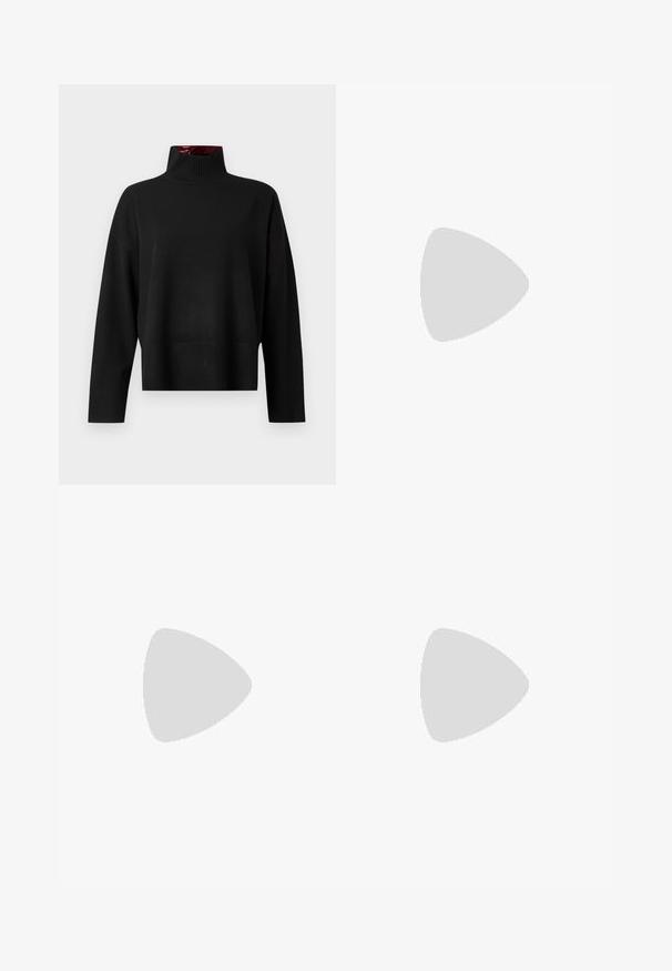 Suéter negro de cuello alto, hecho de un suave tejido de punto. Presenta un cuello y puños acanalados, con un ajuste relajado y una longitud recortada.; Minifalda gris con una textura suave, que presenta una cinturilla plana y dos aberturas en los lados frontales para un detalle adicional. Diseño casual.; Botas negras hasta la rodilla hechas de cuero brillante, con un detalle de hebilla plateada en el tobillo y un diseño de punta redondeada. Suela plana.; Bolso burdeos hecho de material brillante, de forma rectangular, con dos asas para el hombro y sutiles acentos curvados en la parte frontal.