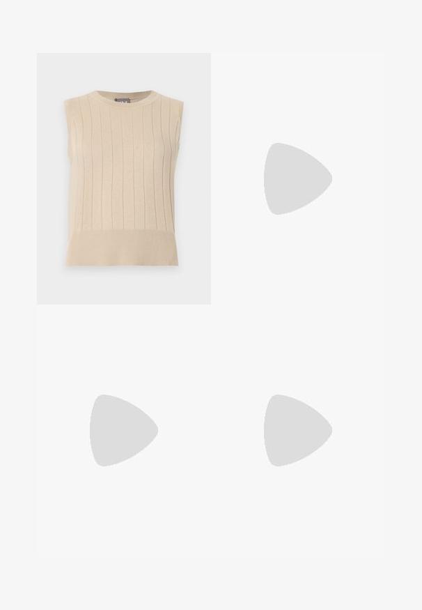 Pull beige sans manches en maille avec un motif côtelé vertical et un ourlet large, comprenant un col rond.; Chemise beige à manches courtes avec col mandarin, coupe carrée et patte de boutonnage cachée, présentée sur fond blanc.; Pantalon beige à jambes larges avec passants pour ceinture, poches avant et fermeture éclair avant dissimulée avec un crochet.; Chaussure plate slingback en beige clair avec une tige en maille, un bout pointu et un petit talon. Dotée d'une sangle ajustable pour un bon maintien.