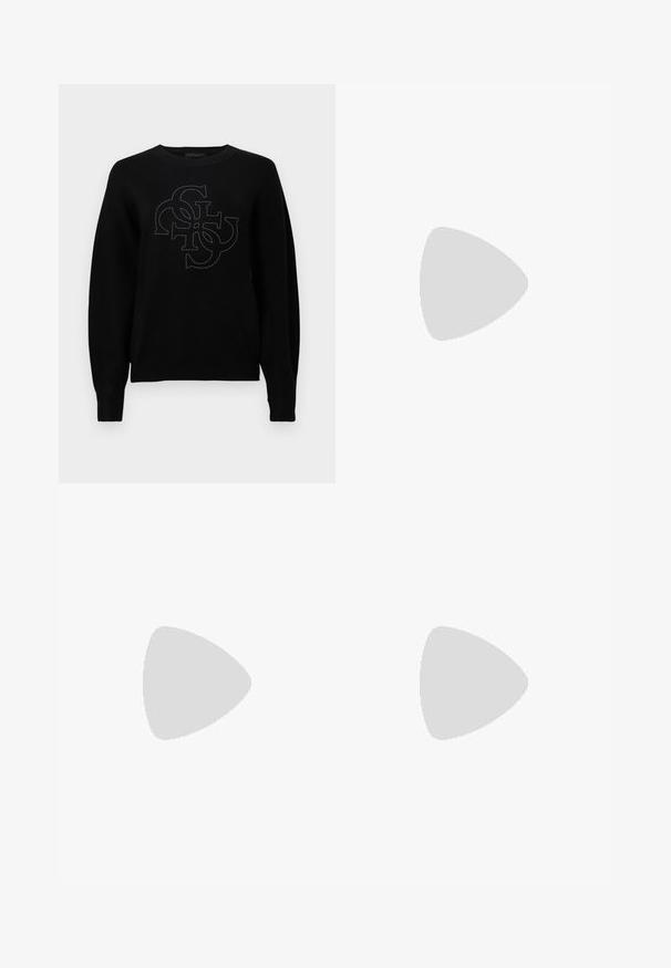 Pull noir en tissu doux avec un col rond, arborant un logo central délimité par de petits clous, et des poignets côtelés.; Chemise blanche coupée en coton, dotée de manches longues, d'un col pointu, de deux poches avant et d'un logo en forme de cœur sur la poche gauche.; Jupe plissée noire en tissu léger, dotée d'une ceinture plate et d'un petit logo métallique sur le côté gauche avant.; Mocassin en cuir noir sans lacets avec talon plat et boucle circulaire dorée sur la bride supérieure, présenté en profil latéral sur fond blanc.