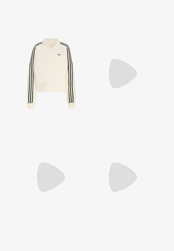 Pull crème avec un col en V, des manches longues, des rayures noires le long des bras et un petit logo noir sur la poitrine. Fabriqué en tissu doux.; Pantalon de survêtement marron avec taille élastique, poches latérales zippées, bandes blanches sur les côtés et petit logo Adidas blanc sur la cuisse droite.; Baskets en cuir noir avec motif à trois bandes blanches, accents texturés, lacets noirs et semelle en gomme. Logo de la marque visible sur la languette.; Sac à bandoulière en cuir beige avec un design froncé et un détail boucle argentée, équipé d'une longue bandoulière et d'une section de poignée rembourrée.