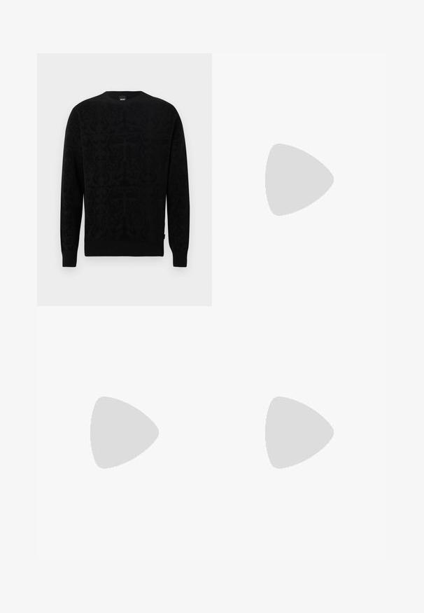 Pull noir avec un motif en relief subtil, col rond, poignets et ourlet côtelés, confectionné dans un tissu doux pour le confort et la chaleur.; Jeans en denim noir avec une coupe droite, cinq poches et une fermeture à bouton à l'avant. Surface texturée avec des détails de décoloration subtils.; Mocassin en cuir noir avec semelle en caoutchouc épaisse, dessus cousu et nom de marque embossé sur le talon, présenté de profil sur fond blanc.; Sac bandoulière rectangulaire noir avec sangle réglable et logo BOSS sur le devant, sur un fond clair uni.