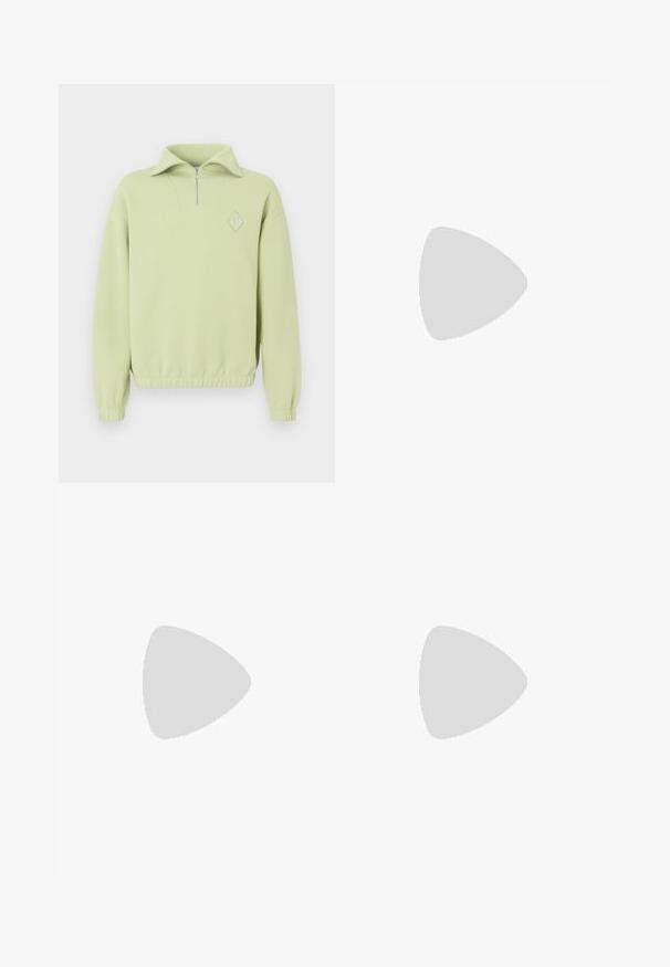 Sweatshirt vert clair avec un col zippé à mi-hauteur, texture côtelée, taille élastique et un logo en forme de diamant sur la poitrine.; Chemise à rayures noires avec boutons, ornée de petites figures athlétiques blanches en différentes poses, confectionnée en tissu lisse avec col et poignets structurés.; Short beige sur mesure longueur genoux avec passants de ceinture, bouton devant, braguette à fermeture éclair et plis devant sur fond gris clair.; Baskets en daim beige clair avec une semelle en caoutchouc gomme, des lacets prononcés et des détails de couture subtils. Design épuré avec une esthétique minimaliste.